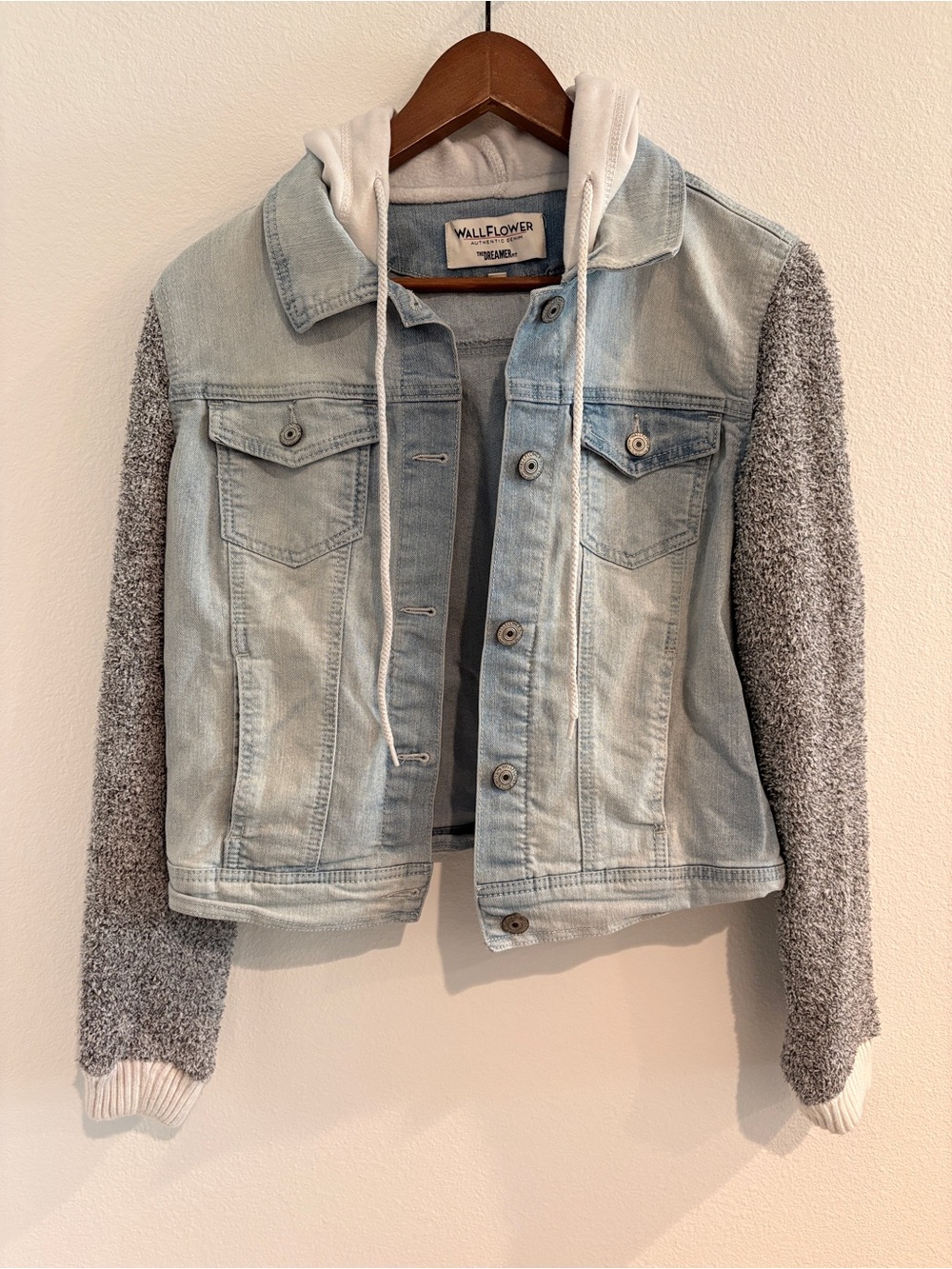 Wallflower Light Wash Denim Jacket with Gray Knit Sleeves and White Hood